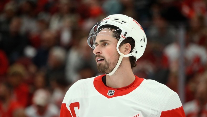 Nov 20, 2021; Glendale, Arizona, USA; Detroit Red Wings center Dylan Larkin (71) against the Arizona Coyotes at Gila River Arena. Mandatory Credit: Mark J. Rebilas-USA TODAY Sports