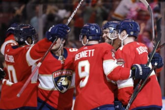 Jan 15, 2022; Sunrise, Florida, USA; Florida Panthers left wing Jonathan Huberdeau (11) celebrates with teammates after scoring a goal against the Columbus Blue Jackets during the second period at FLA Live Arena. Mandatory Credit: Sam Navarro-USA TODAY Sports