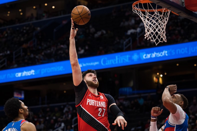 Jan 15, 2022; Washington, District of Columbia, USA;  Portland Trail Blazers center Jusuf Nurkic (27) shoots the ball against the Washington Wizards during the first half at Capital One Arena. Mandatory Credit: Scott Taetsch-USA TODAY Sports