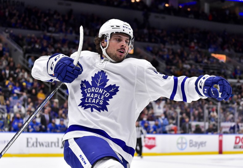 Jan 15, 2022; St. Louis, Missouri, USA;  Toronto Maple Leafs center Auston Matthews (34) reacts after scoring a game tying goal against the St. Louis Blues during the third period at Enterprise Center. Mandatory Credit: Jeff Curry-USA TODAY Sports