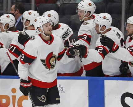 Jan 15, 2022; Edmonton, Alberta, CAN; Ottawa Senators forward Josh Norris (9) celebrates a goal against the Edmonton Oilers during the first period at Rogers Place. Mandatory Credit: Perry Nelson-USA TODAY Sports