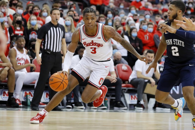 Jan 16, 2022; Columbus, Ohio, USA; Ohio State Buckeyes guard Eugene Brown III (3) dribbles as Penn State Nittany Lions guard Myles Dread (2)] defends during the second half at Value City Arena. Mandatory Credit: Joseph Maiorana-USA TODAY Sports