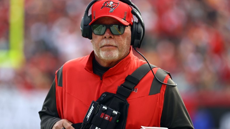 Jan 16, 2022; Tampa, Florida, USA; Tampa Bay Buccaneers head coach Bruce Arians against the Philadelphia Eagles during the first half in a NFC Wild Card playoff football game at Raymond James Stadium. Mandatory Credit: Kim Klement-USA TODAY Sports