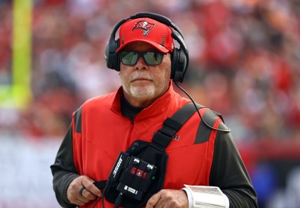 Jan 16, 2022; Tampa, Florida, USA; Tampa Bay Buccaneers head coach Bruce Arians against the Philadelphia Eagles during the first half in a NFC Wild Card playoff football game at Raymond James Stadium. Mandatory Credit: Kim Klement-USA TODAY Sports