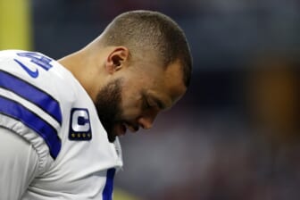 Jan 16, 2022; Arlington, Texas, USA; Dallas Cowboys quarterback Dak Prescott (4) on the field before the game against the San Francisco 49ers in a NFC Wild Card playoff football game at AT&T Stadium. Mandatory Credit: Tim Heitman-USA TODAY Sports