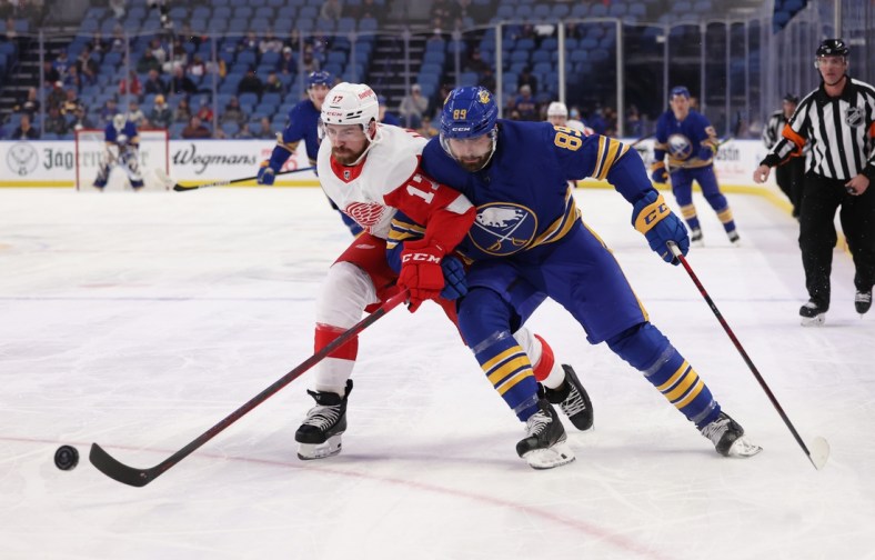 Jan 17, 2022; Buffalo, New York, USA; Detroit Red Wings defenseman Filip Hronek (17) and Buffalo Sabres right wing Alex Tuch (89) skate for the puck during the second period at KeyBank Center. Mandatory Credit: Timothy T. Ludwig-USA TODAY Sports