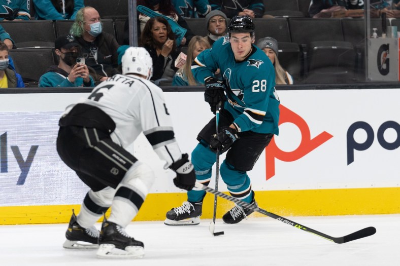 Jan 17, 2022; San Jose, California, USA; San Jose Sharks right wing Timo Meier (28) controls the puck during the second period against the Los Angeles Kings defenseman Olli Maatta (6) at SAP Center at San Jose. Mandatory Credit: Stan Szeto-USA TODAY Sports