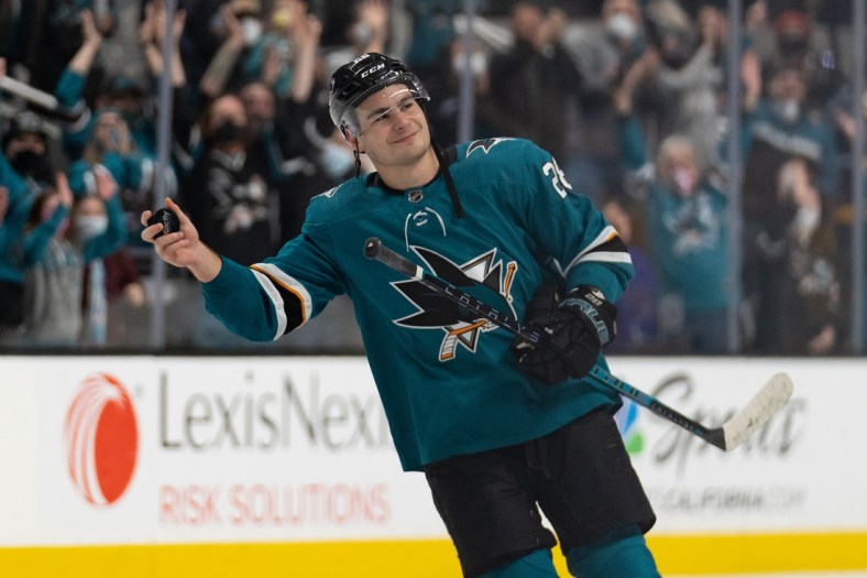 Jan 17, 2022; San Jose, California, USA; San Jose Sharks right wing Timo Meier (28) smiles at the fans after defeating the Los Angeles Kings at SAP Center at San Jose. Mandatory Credit: Stan Szeto-USA TODAY Sports
