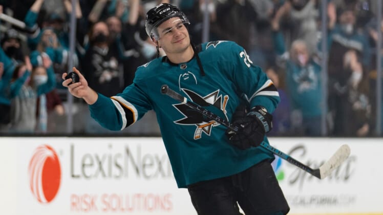 Jan 17, 2022; San Jose, California, USA; San Jose Sharks right wing Timo Meier (28) smiles at the fans after defeating the Los Angeles Kings at SAP Center at San Jose. Mandatory Credit: Stan Szeto-USA TODAY Sports