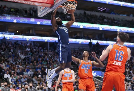 Jan 17, 2022; Dallas, Texas, USA;  Dallas Mavericks forward Tim Hardaway Jr. (11) dunks during the second quarter against the Oklahoma City Thunder at American Airlines Center. Mandatory Credit: Kevin Jairaj-USA TODAY Sports