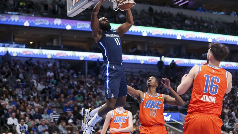 Jan 17, 2022; Dallas, Texas, USA;  Dallas Mavericks forward Tim Hardaway Jr. (11) dunks during the second quarter against the Oklahoma City Thunder at American Airlines Center. Mandatory Credit: Kevin Jairaj-USA TODAY Sports