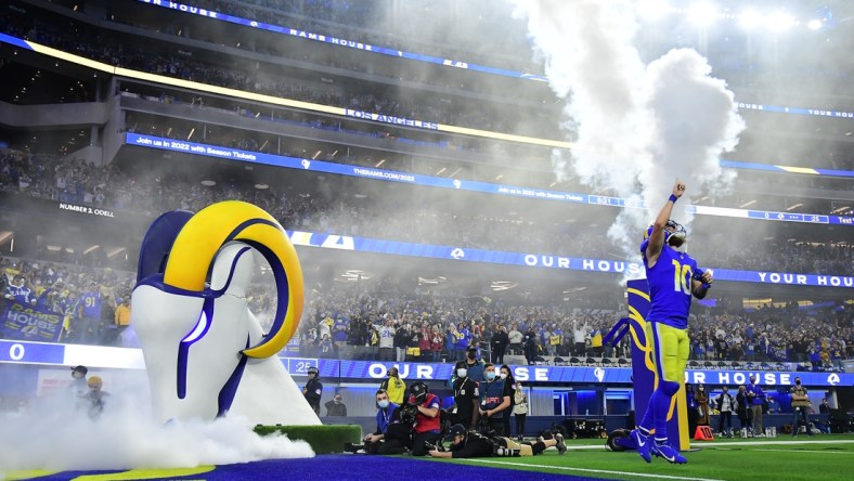 Jan 17, 2022; Inglewood, California, USA; Los Angeles Rams wide receiver Cooper Kupp (10) is introduced before playing against the Arizona Cardinals in the NFC Wild Card playoff football game at SoFi Stadium. Mandatory Credit: Gary A. Vasquez-USA TODAY Sports