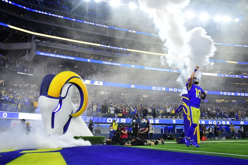 Jan 17, 2022; Inglewood, California, USA; Los Angeles Rams wide receiver Cooper Kupp (10) is introduced before playing against the Arizona Cardinals in the NFC Wild Card playoff football game at SoFi Stadium. Mandatory Credit: Gary A. Vasquez-USA TODAY Sports