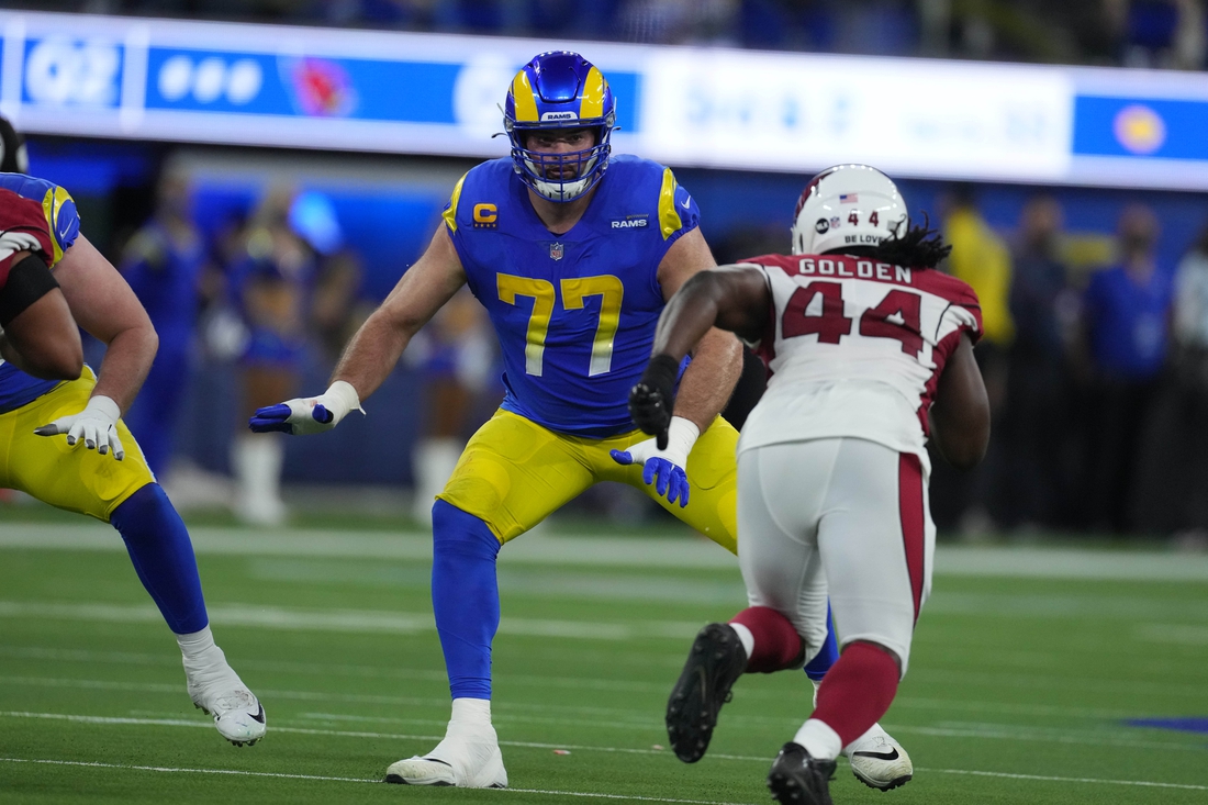 Jan 17, 2022; Inglewood, California, USA; Los Angeles Rams offensive tackle Andrew Whitworth (77) defends against Arizona Cardinals outside linebacker Markus Golden (44) during the second half of an NFC Wild Card playoff football game at SoFi Stadium. The Rams defeated the Cardinals 34-11. Mandatory Credit: Kirby Lee-USA TODAY Sports