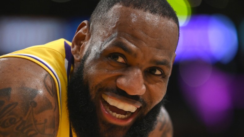 Jan 17, 2022; Los Angeles, California, USA; Los Angeles Lakers forward LeBron James (6) laughs on the court during the game against the Utah Jazz at Crypto.com Arena. Mandatory Credit: Jayne Kamin-Oncea-USA TODAY Sports