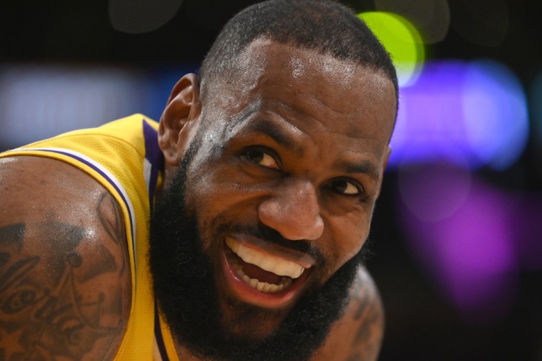 Jan 17, 2022; Los Angeles, California, USA; Los Angeles Lakers forward LeBron James (6) laughs on the court during the game against the Utah Jazz at Crypto.com Arena. Mandatory Credit: Jayne Kamin-Oncea-USA TODAY Sports