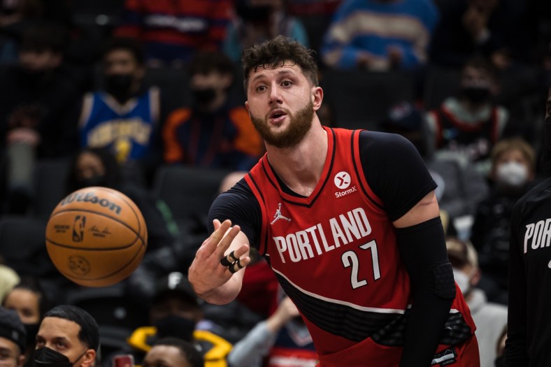 Jan 15, 2022; Washington, District of Columbia, USA;  Portland Trail Blazers center Jusuf Nurkic (27) tosses the ball from the bench after fouling out against the Washington Wizards during the second half of the game at Capital One Arena. Mandatory Credit: Scott Taetsch-USA TODAY Sports