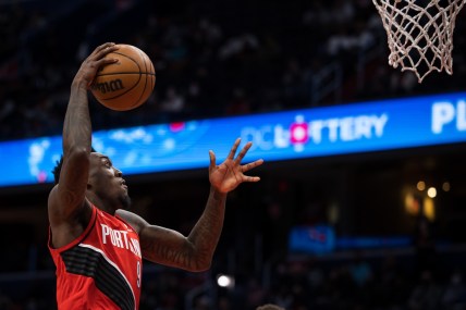 Jan 15, 2022; Washington, District of Columbia, USA;  Portland Trail Blazers forward Nassir Little (9) goes to the basket against the Washington Wizards during the first half of the game at Capital One Arena. Mandatory Credit: Scott Taetsch-USA TODAY Sports