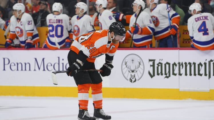 Jan 18, 2022; Philadelphia, Pennsylvania, USA; Philadelphia Flyers center Claude Giroux (28) reacts after a goal by the New York Islanders in the second period at the Wells Fargo Center. Mandatory Credit: Mitchell Leff-USA TODAY Sports