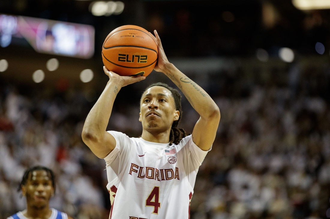 Florida State Seminoles guard Caleb Mills (4) shoots a free throw. The Florida State Seminoles defeated the Duke Blue Devils 79-78 in overtime at the Donald L. Tucker Civic Center on Tuesday, Jan. 18, 2022.

Fsu V Duke Second Half1062