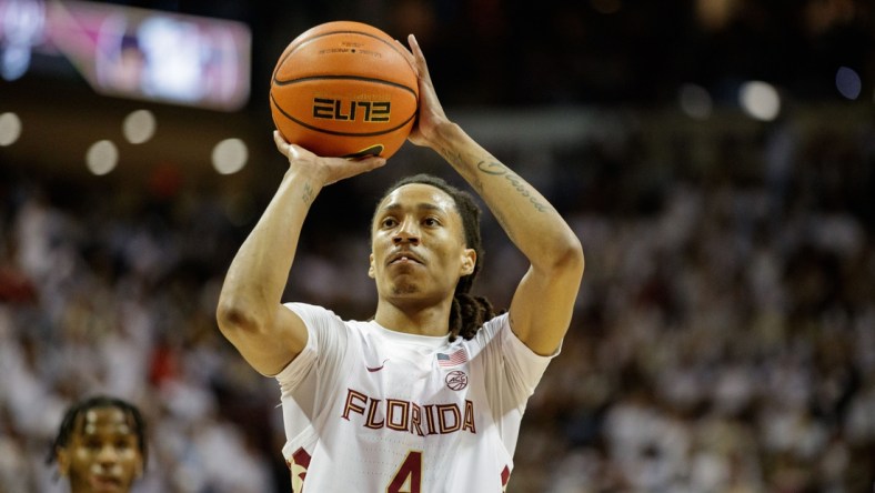 Florida State Seminoles guard Caleb Mills (4) shoots a free throw. The Florida State Seminoles defeated the Duke Blue Devils 79-78 in overtime at the Donald L. Tucker Civic Center on Tuesday, Jan. 18, 2022.

Fsu V Duke Second Half1062