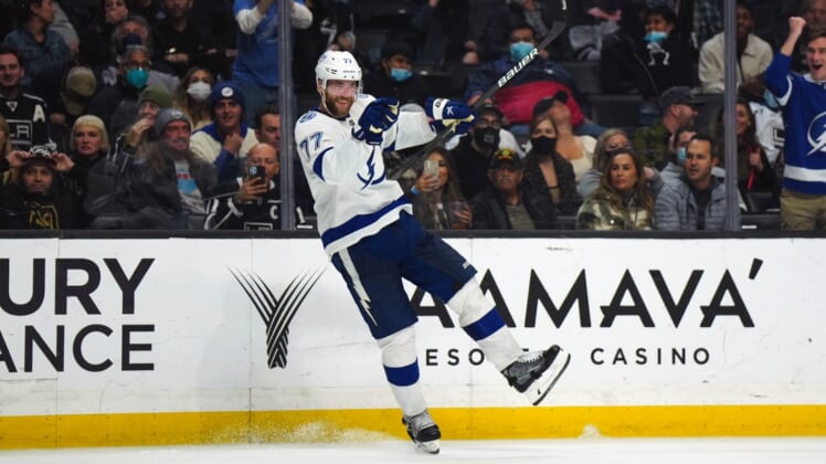 Jan 18, 2022; Los Angeles, California, USA; Tampa Bay Lightning defenseman Victor Hedman (77) celebrates after a goal against the LA Kings in the third period at Crypto.com Arena. Mandatory Credit: Kirby Lee-USA TODAY Sports