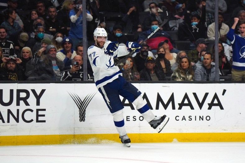 Jan 18, 2022; Los Angeles, California, USA; Tampa Bay Lightning defenseman Victor Hedman (77) celebrates after a goal against the LA Kings in the third period at Crypto.com Arena. Mandatory Credit: Kirby Lee-USA TODAY Sports