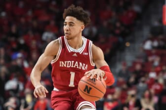 Jan 17, 2022; Lincoln, Nebraska, USA;  Indiana Hoosiers guard Rob Phinisee (1) in the second half at Pinnacle Bank Arena. Mandatory Credit: Steven Branscombe-USA TODAY Sports