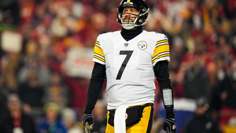 Jan 16, 2022; Kansas City, Missouri, USA; Pittsburgh Steelers quarterback Ben Roethlisberger (7) reacts during the first half in an AFC Wild Card playoff football game against the Kansas City Chiefs at GEHA Field at Arrowhead Stadium. Mandatory Credit: Jay Biggerstaff-USA TODAY Sports