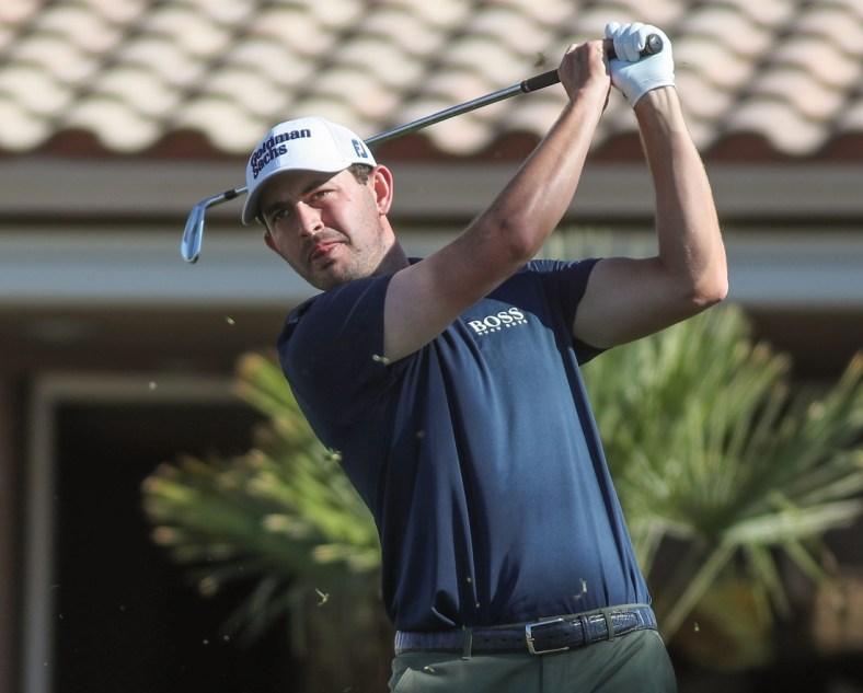 Patrick Cantlay tees off on the 17th hole of the Nicklaus Tournament course at PGA West during the American Express in La Quinta, Calif., Friday, January 21, 2022.

Amex Friday 16