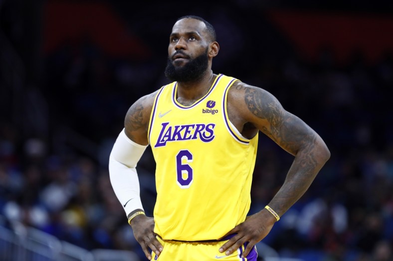 Jan 21, 2022; Orlando, Florida, USA;  Los Angeles Lakers forward LeBron James (6) against the Orlando Magic during the first quarter at Amway Center. Mandatory Credit: Kim Klement-USA TODAY Sports
