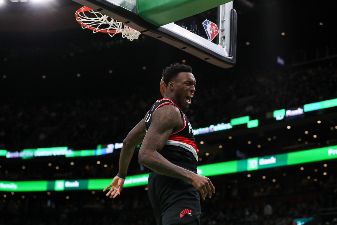 Jan 21, 2022; Boston, Massachusetts, USA; Portland Trail Blazers forward Nassir Little (9) dunks the ball during the first half against the Boston Celtics at TD Garden. Mandatory Credit: Paul Rutherford-USA TODAY Sports