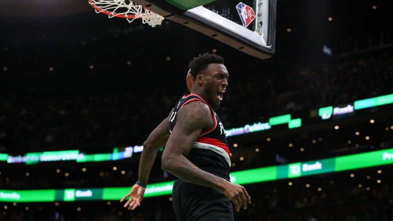 Jan 21, 2022; Boston, Massachusetts, USA; Portland Trail Blazers forward Nassir Little (9) dunks the ball during the first half against the Boston Celtics at TD Garden. Mandatory Credit: Paul Rutherford-USA TODAY Sports