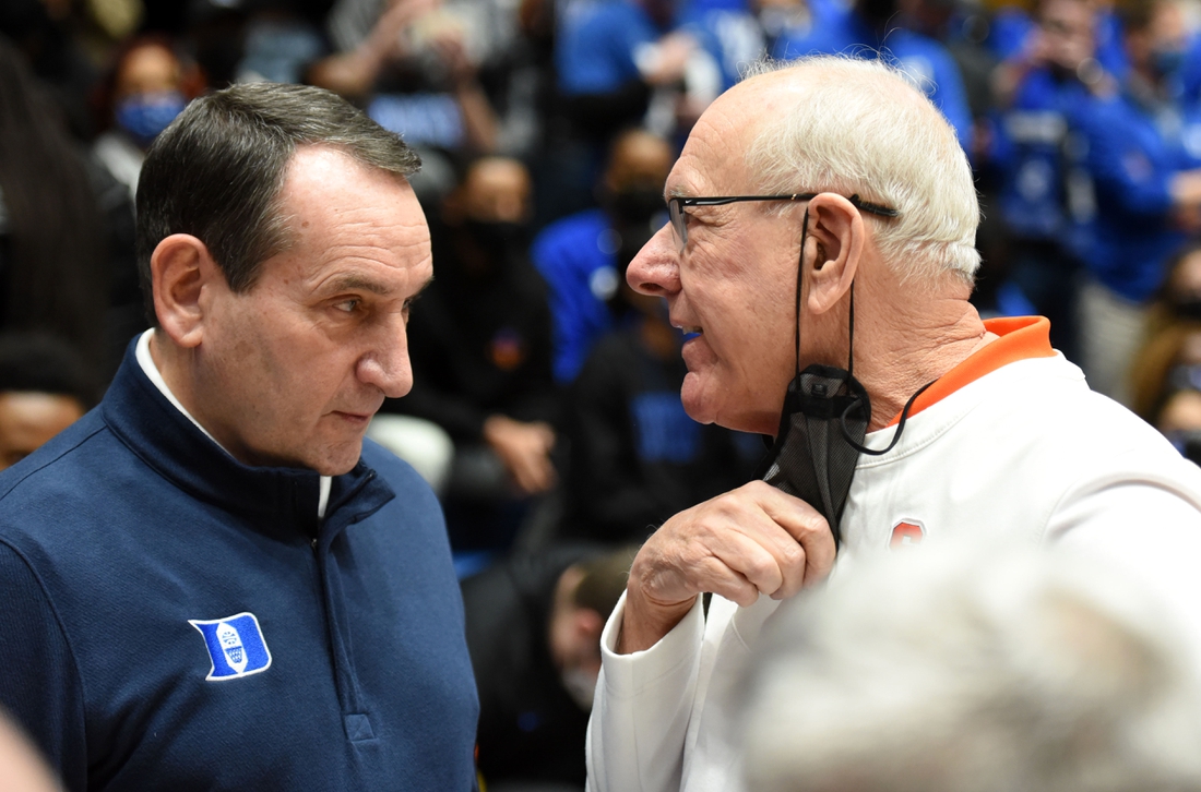 Jan 22, 2022; Durham, North Carolina, USA; Duke Blue Devils head coach Mike Krzyzewski (left) greets Syracuse Orange head coach Jim Boeheim prior to a game at Cameron Indoor Stadium. Mandatory Credit: Rob Kinnan-USA TODAY Sports