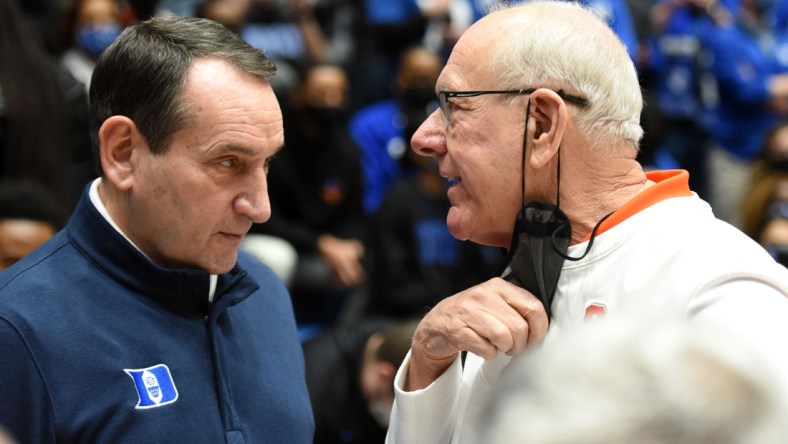 Jan 22, 2022; Durham, North Carolina, USA; Duke Blue Devils head coach Mike Krzyzewski (left) greets Syracuse Orange head coach Jim Boeheim prior to a game at Cameron Indoor Stadium. Mandatory Credit: Rob Kinnan-USA TODAY Sports