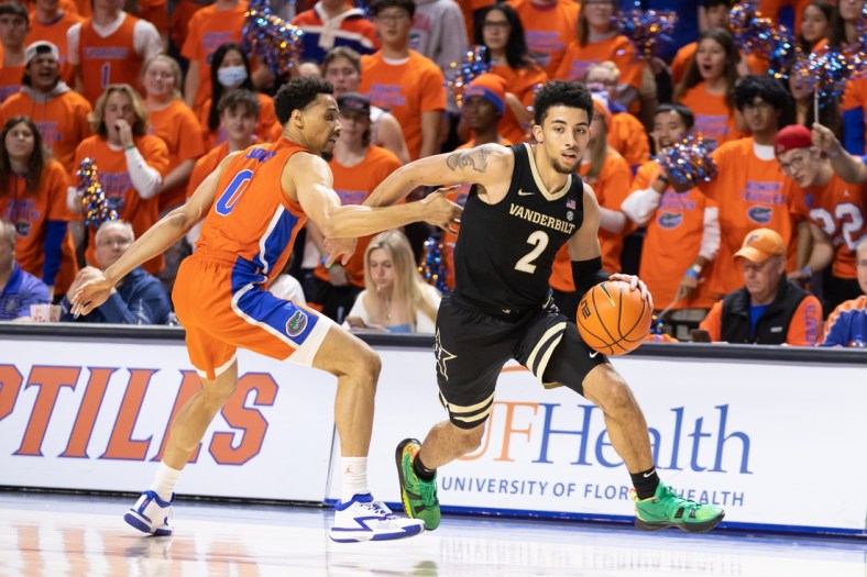 Jan 22, 2022; Gainesville, Florida, USA; Vanderbilt Commodores guard Scotty Pippen Jr. (2) drives to the basket during the first half against the Florida Gators at Billy Donovan Court at Exactech Arena. Mandatory Credit: Matt Pendleton-USA TODAY Sports