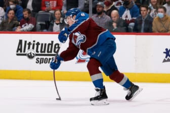 Jan 22, 2022; Denver, Colorado, USA; Colorado Avalanche defenseman Cale Makar (8) passes the puck in the first period against the Montreal Canadiens at Ball Arena. Mandatory Credit: Isaiah J. Downing-USA TODAY Sports