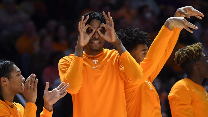 Players celebrate a three point shot during a basketball game between Tennessee and LSU at Thompson-Boling Arena in Knoxville, Tenn., on Saturday, Jan. 22, 2022. Tennessee defeated LSU 64-50.

Tennesseelsu0122 1194