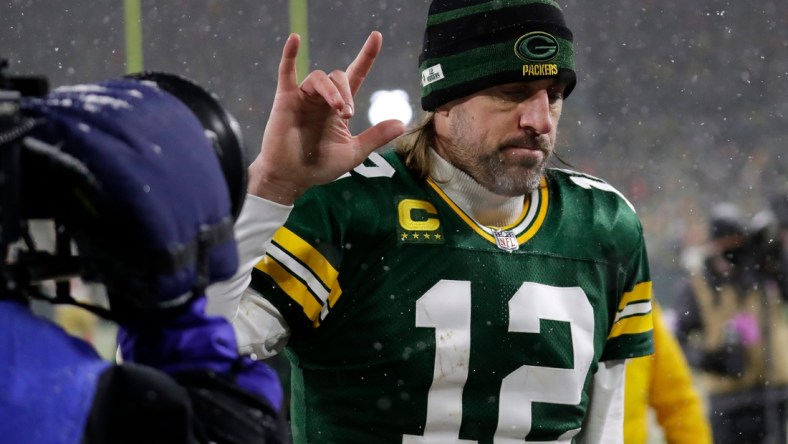 Green Bay Packers quarterback Aaron Rodgers (12) leaves the field after a 13-10 loss against the San Francisco 49ers during their NFL divisional round football playoff game Saturday January 22, 2022, at Lambeau Field in Green Bay, Wis. Dan Powers/USA TODAY NETWORK-WisconsinApc Packvs49ers 0122221161djp