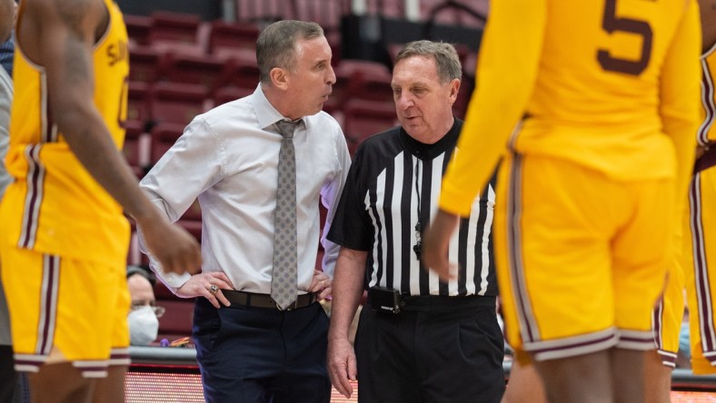 Jan 22, 2022; Stanford, California, USA;  Arizona State Sun Devils head coach Bobby Hurley reacts towards the referee during the second half against the Stanford Cardinal at Maples Pavilion. Mandatory Credit: Stan Szeto-USA TODAY Sports