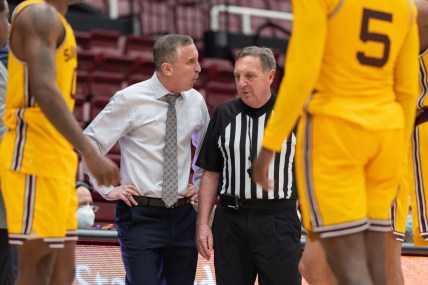 Jan 22, 2022; Stanford, California, USA;  Arizona State Sun Devils head coach Bobby Hurley reacts towards the referee during the second half against the Stanford Cardinal at Maples Pavilion. Mandatory Credit: Stan Szeto-USA TODAY Sports