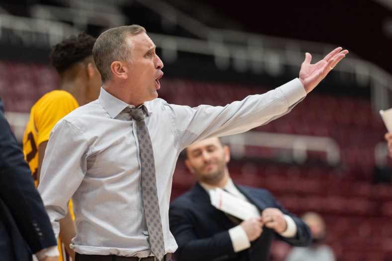 Jan 22, 2022; Stanford, California, USA;  Arizona State Sun Devils head coach Bobby Hurley reacts during the second half against the Stanford Cardinal at Maples Pavilion. Mandatory Credit: Stan Szeto-USA TODAY Sports