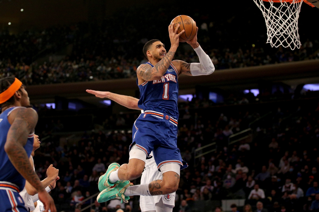 Jan 23, 2022; New York, New York, USA; New York Knicks forward Obi Toppin (1) drives to the basket against Los Angeles Clippers guard Luke Kennard (5) during the second quarter at Madison Square Garden. Mandatory Credit: Brad Penner-USA TODAY Sports