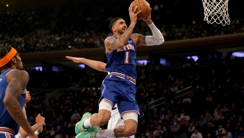 Jan 23, 2022; New York, New York, USA; New York Knicks forward Obi Toppin (1) drives to the basket against Los Angeles Clippers guard Luke Kennard (5) during the second quarter at Madison Square Garden. Mandatory Credit: Brad Penner-USA TODAY Sports