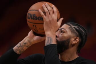 Jan 23, 2022; Miami, Florida, USA; Los Angeles Lakers forward Anthony Davis warms up prior to the game against the Miami Heat at FTX Arena. Mandatory Credit: Jasen Vinlove-USA TODAY Sports