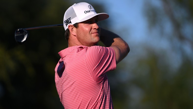 Jan 23, 2022; La Quinta, California, USA; Hudson Swafford plays his shot from the 18th tee during the final round of the American Express golf tournament at Pete Dye Stadium Course. Mandatory Credit: Orlando Ramirez-USA TODAY Sports