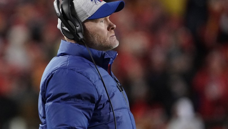 Jan 23, 2022; Kansas City, Missouri, USA; Buffalo Bills head coach Sean McDermott looks on from the sidelines against the Kansas City Chiefs during the first half in the AFC Divisional playoff football game at GEHA Field at Arrowhead Stadium. Mandatory Credit: Denny Medley-USA TODAY Sports