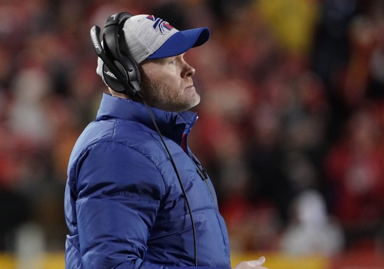 Jan 23, 2022; Kansas City, Missouri, USA; Buffalo Bills head coach Sean McDermott looks on from the sidelines against the Kansas City Chiefs during the first half in the AFC Divisional playoff football game at GEHA Field at Arrowhead Stadium. Mandatory Credit: Denny Medley-USA TODAY Sports