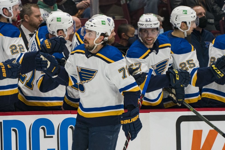 Jan 23, 2022; Vancouver, British Columbia, CAN; St. Louis Blues defenseman Justin Faulk (72) celebrates his goal against the Vancouver Canucks in the first period at Rogers Arena. Mandatory Credit: Bob Frid-USA TODAY Sports