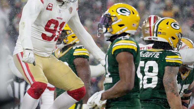 San Francisco 49ers defensive end Arik Armstead (91) celebrates after a game-winning field goal to defeat the Green Bay Packers 13-10 during their NFL divisional round football playoff game Saturday January 22, 2022, at Lambeau Field in Green Bay, Wis. Dan Powers/USA TODAY NETWORK-Wisconsin

Apc Packvs49ers 0122221129djpb